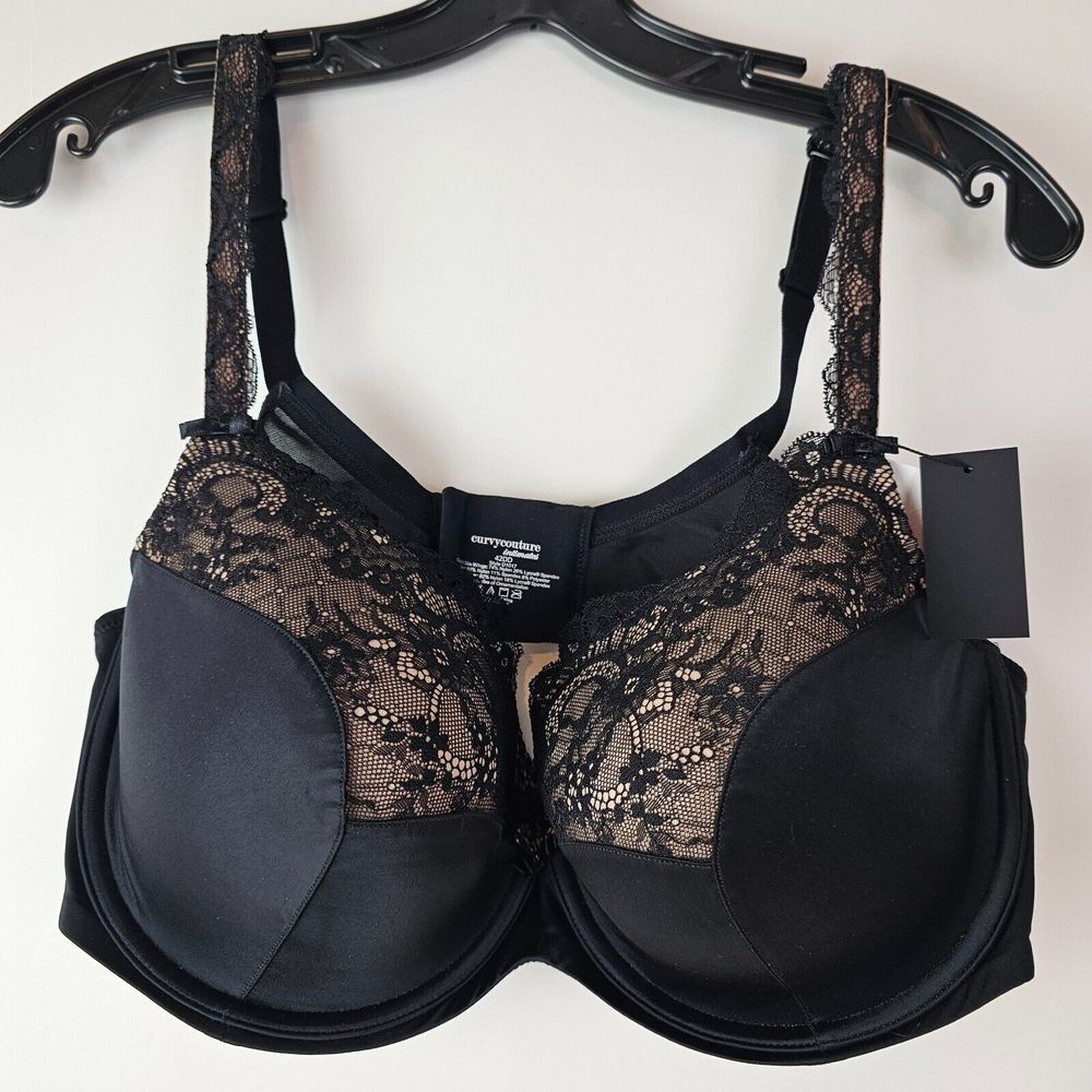 NWT Curvy Couture 1017 Full Coverage Balconette UW Bra 42DD Tulip Lace Black‎